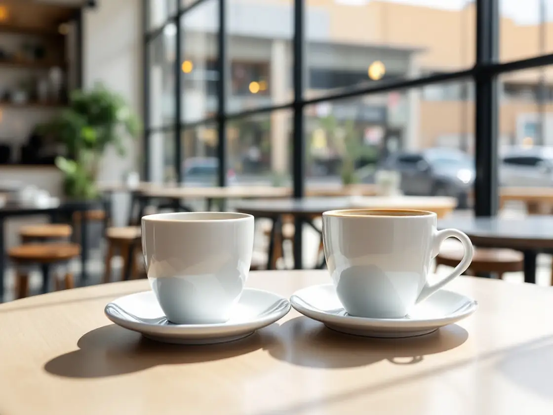 Coffee cups on a table in a bright cafe