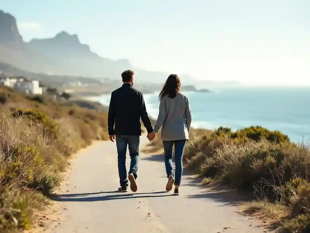 Two people walking together on a public path