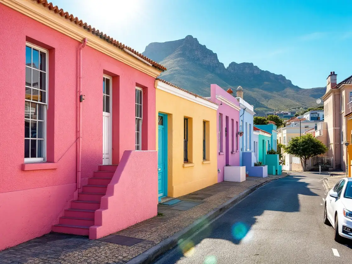 A sunlit street of colourful houses in Cape Town