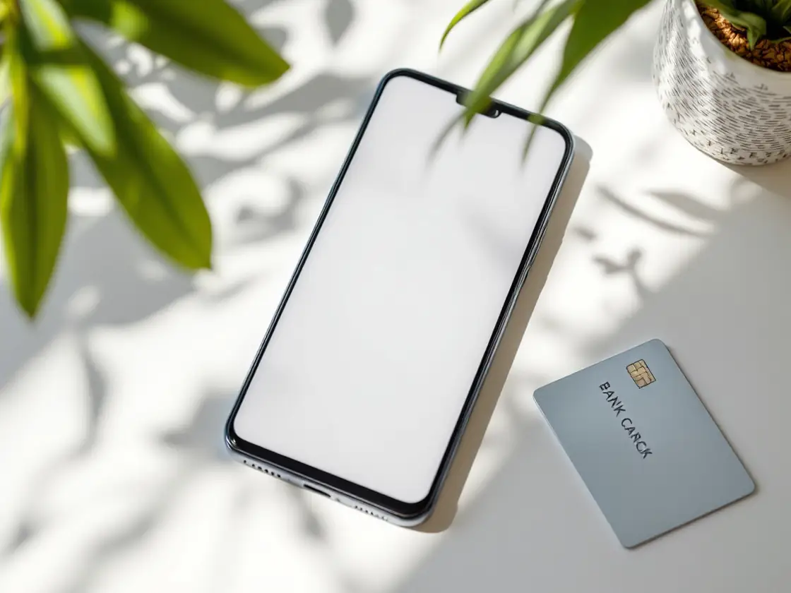 A phone and card on a desk in daylight