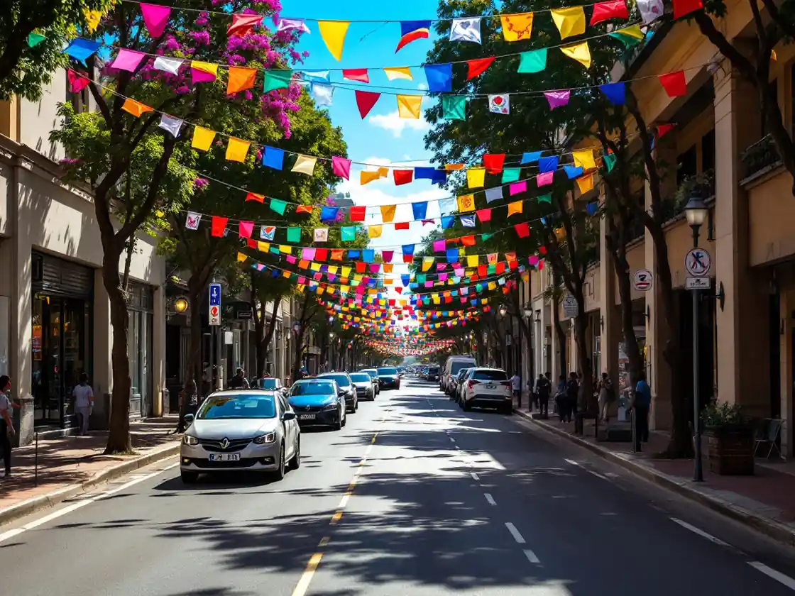 A sunlit street with festive bunting overhead