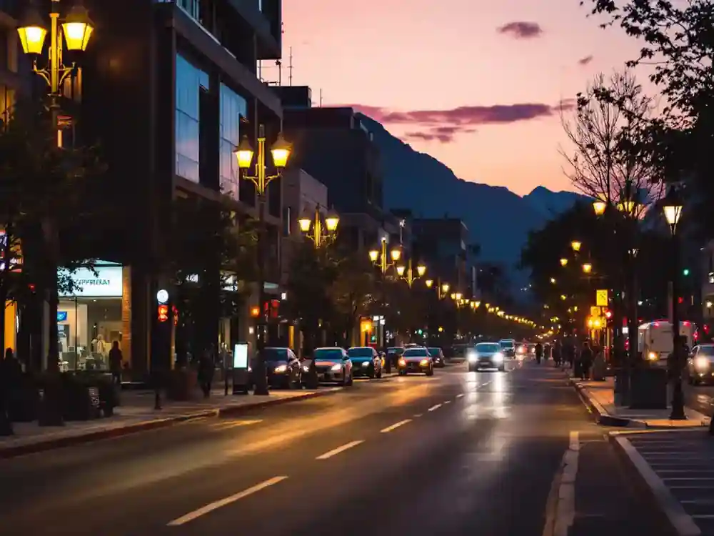 A well-lit public street in the evening